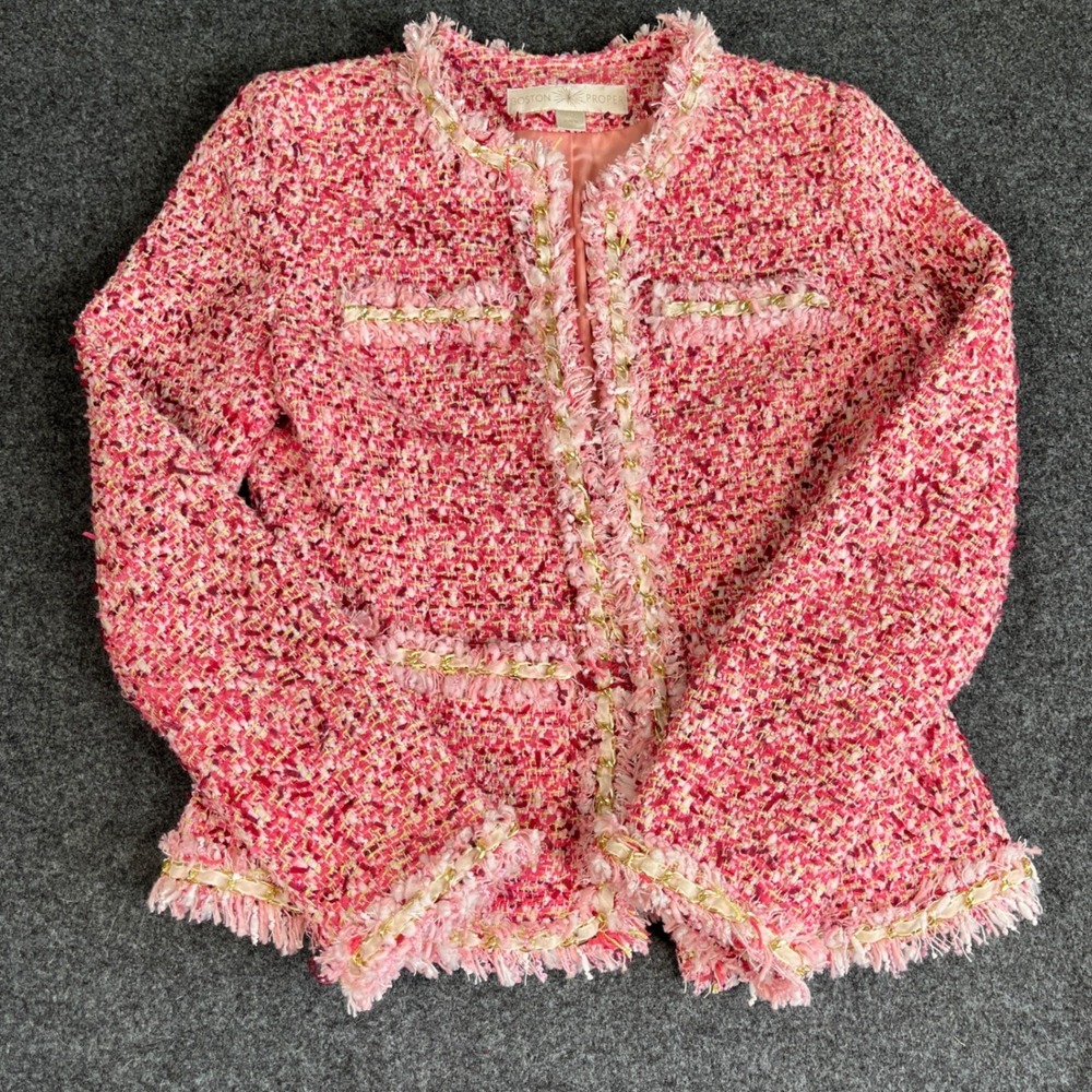 Boston Proper Pink Tweed Boucle Jacket Gold Chain Trim Fringe Blazer Size 2 - Picture 6 of 9